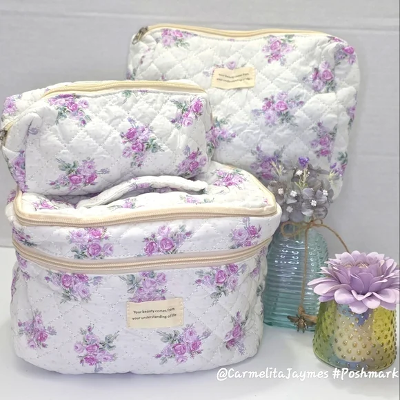 Floral Quilted 👝 3 pc XL Cosmetic Bag Set Travel Toiletry Makeup Organizer NWT - Picture 3 of 15